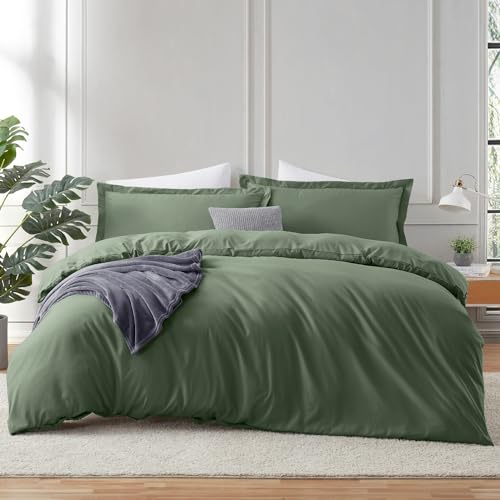 Image of Hearth & Harbor Olive Green Duvet Cover Full Size, 3 Piece Bedding Set | Soft Double Brushed Bedding Set, Button Closure, 1 Duvet Cover 80x90 Inches, 2 Pillow Shams