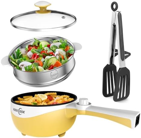 Audecook Hot Pot Electric, 1.7L Mini Electric Skillet Portable Nonstick Sauté Pan with Power Adjustment, Ramen Cooker Travel Multicooker for Steak/Soup/Egg/Oatmeal/Noodles (Tongs for Cooking Included)