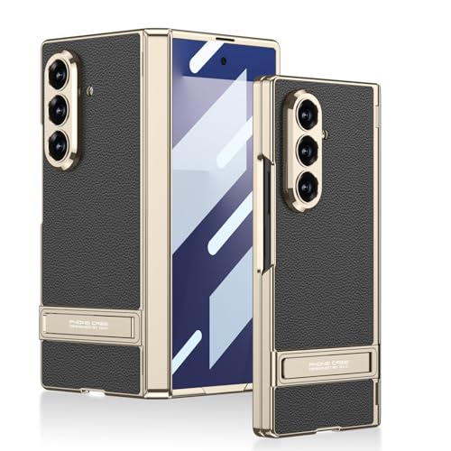 Image of Midkart Magnetic Case Compatible with Samsung Galaxy Z Fold 7 Release 2025 Hinge Protection Leather Cover with Stand Electroplated Camera Protection, Black & Gold
