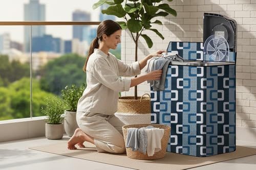 Image of The Furnishing Tree Semi-Automatic Top Load Washing Machine Cover | Waterproof & Dustproof | Easy to Clean | Durable & Washable, Modern Square Geometric Print Polyester (53.5x89x99 CM)