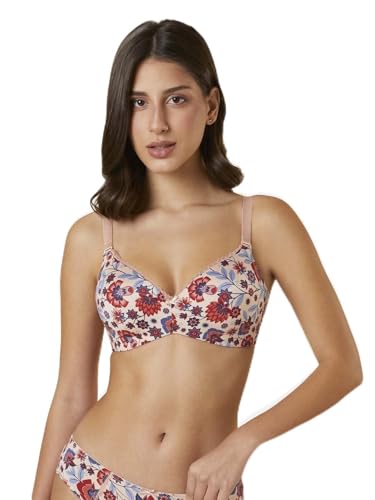 Image of Triumph Midnight Garden Bra for Women Padded Non Wired Seamless Bra Floral Printed T-Shirt Bra Wireless Full Coverage Lingerie Detachable Silky Straps with Elegant Lace Trim Pack of 1