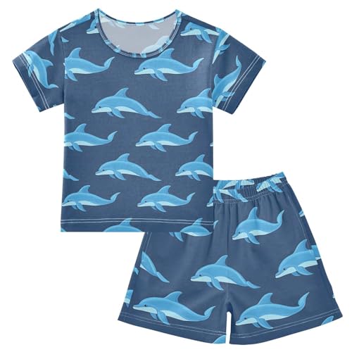 ALAZA Dolphin Navy Cartoon Pajamas Set Short Sleeve Cotton Sleepwear Summer Pjs 2 Piece 5-14Y