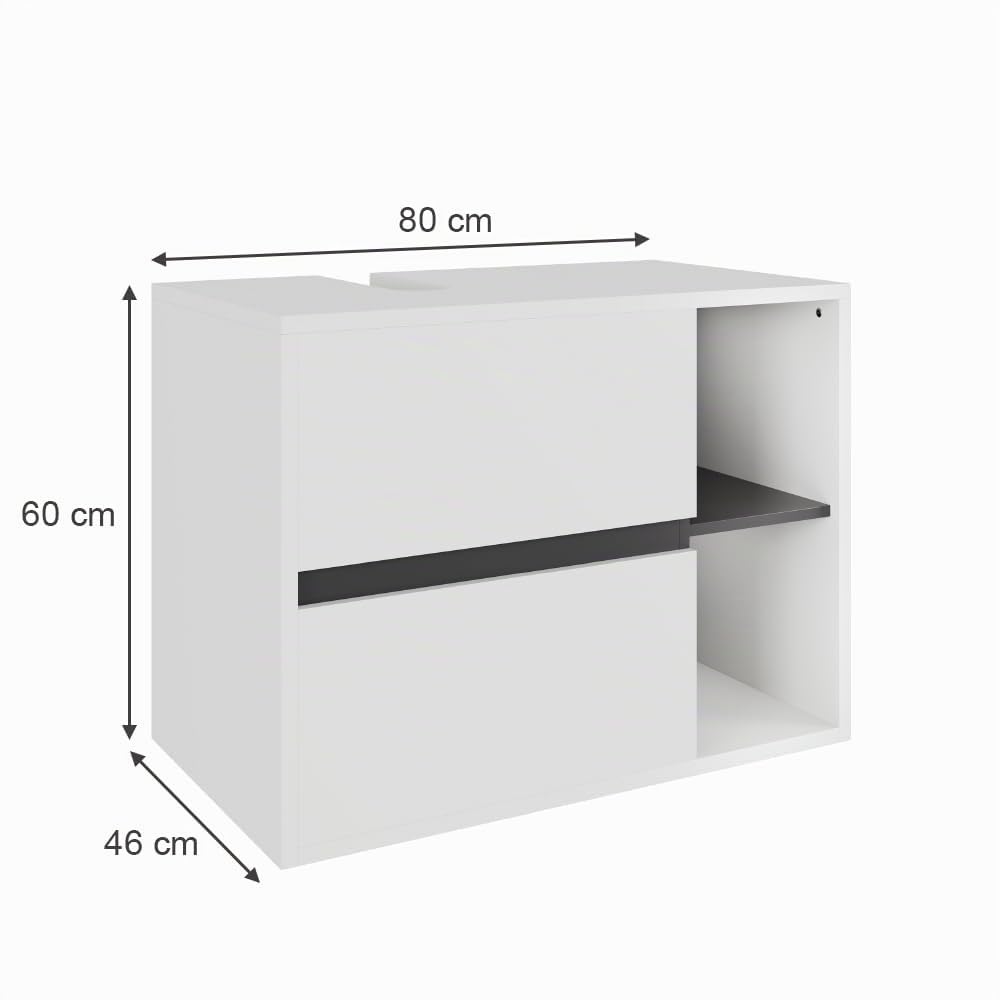Vicco Mueble bajo Lavabo Viola, Blanco/Gris, 80 x 60 cm | con 2 cajones, con recorte para sifón para montaje mural