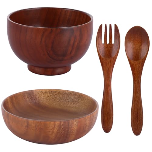 GBACHOOSE Acacia Wooden Salad Bowl and Servers Set, 12cm 10cm Wood Serving Bowl with Wooden Fork and Spoon, Wood Salad Bowl and Servers for Salad, Fruits, Vegetables
