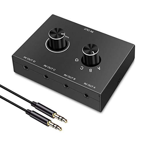 4 Way 3.5mm Stereo Audio Switch, AUX 3.5mm Audio Switch Audio Switcher Passive Speaker Headphone Manual Selector Splitter Box Audio Sharing (4/1 in -1/4 Out)