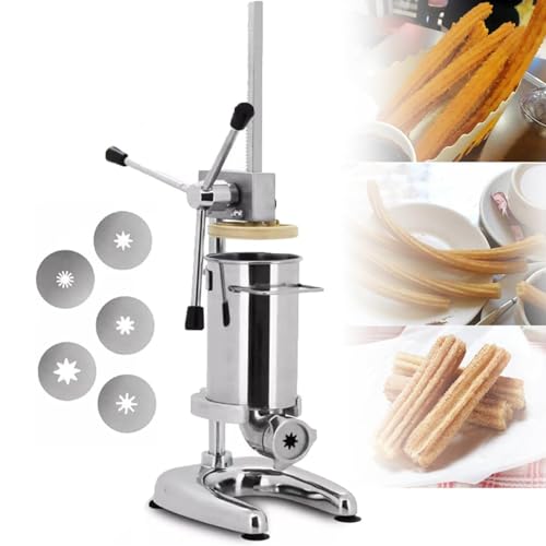 Churro Maker Machine Máquina manual para hacer churros, 2 l, 5 moldes, rellenadora de mermelada de chocolate de acero inoxidable, para restaurantes, panaderías y cafeterías.