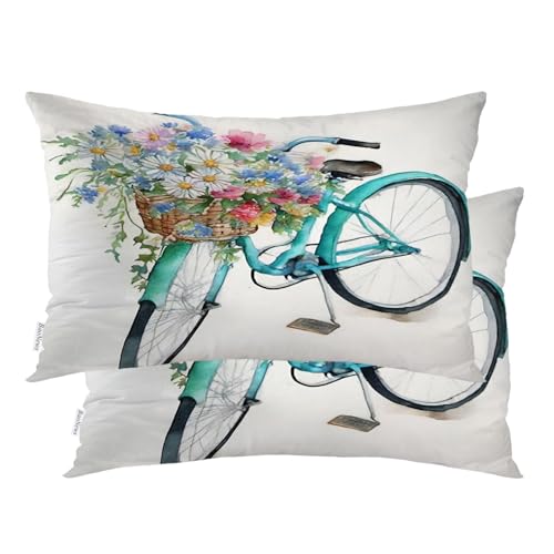 Baonews Flower Pillow Spring Pillow Covers, Summer Pillow Covers 20X26 Bicycle Pillow Case Daisy in Basket Home Decor Digital Blended Hidden Zipperl Decorative Sofa Cover for Hair Skin Lumbar 2 Pcs
