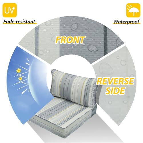 Image of AAAAAcessories Outdoor Seat Cushions for Chairs, Fade-Resistant, Waterproof Patio Furniture Replacement Cushions, 25.5 inch x 25.5 inch x 5 inch + 25.5 inch x 13.5 inch, Set of 2, Ash Blue Harbor Stripe
