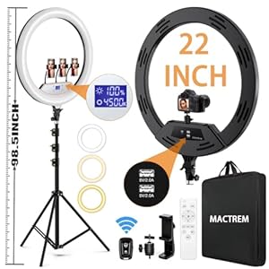 22″Ring Light with Stand,Ring Light Tripod for iPhone,with 75″Tripod/LCD Display/4 Phone Clips/2 USB Ports,Adjustable 2600K-6500K Color Temperature,for Barber Makeup Tattoo TikTok Video Recording Vlog