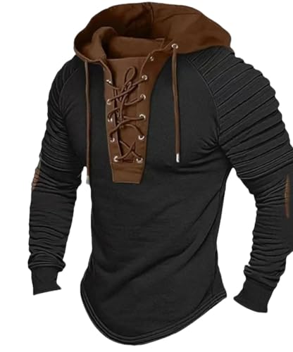 Men's Solid Color Casual T-Shirt Top Long Sleeved Slim Fit Pleated Hood Street Sweatshirt