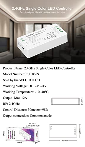 LGIDTECH FUT036S Miboxer Single Color LED Strip Light Controller DC 12V~24V Max Output 12A,Smartphone APP Control via WL-Box1 Gateway(Excluded) - Image 2