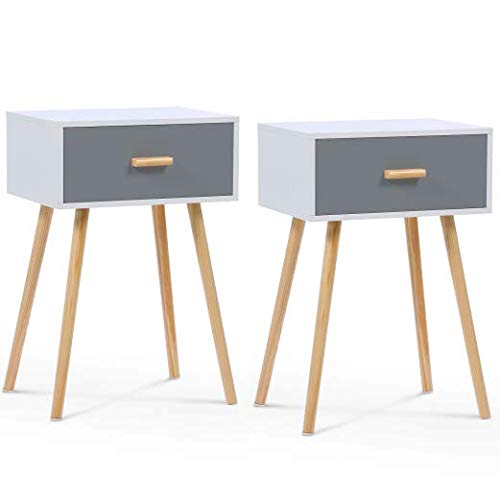 idmarket – Juego de 2 mesillas de noche blancas y grises Scandinaves madera