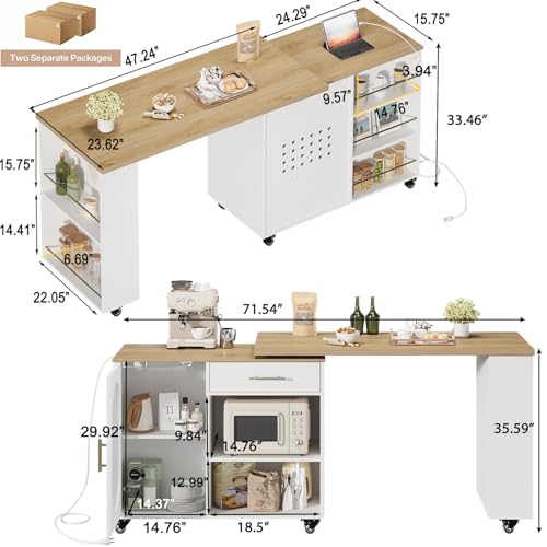 Image of HSH 71 inch Rolling Kitchen Island with Storage Seating on Wheels, White Oak | Mobile Island With 360 Swivel Table, With Power Outlet, Storage Cabinet, Open Adjustable Shelves Fit In Microwave