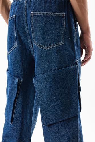 Image of SNITCH Men Cargo Pants | Relaxed Fit with Drawstring Closure & Multiple Utility Pockets | 100% Cotton Denim for Casual & Streetwear Styling