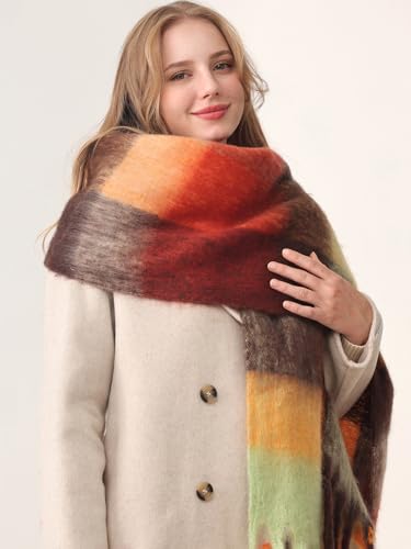 HOTIAN Women's Large Scarf Colorful Chunky Plaid Scarves Soft Winter Thick Tassel Warm Wrap Shawl4