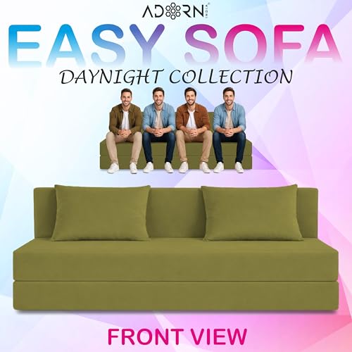 Image of Adorn India Easy 4 Seater Sofa Cum Bed | Velvet Fabric | Light Green | Plain Design | 6x6 Ft | Comfortable Seating | Washable Cover | Perfect for Home & Office