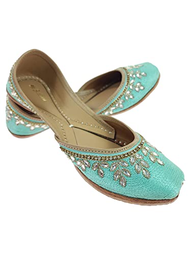 Image of Fulkari Women's Dolli Gold Genuine Soft Leather Embroidered Jutis | Bite and Pinch Free Jutti | Punjabi Formal Juttis | Girl's Wedding Flat Ladies Mojari | Formal Ethnic Juti |