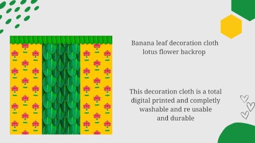 Image of Banana Leaf Backdrop | Traditional Pooja Cloth Featuring Yellow Side Borders, Pink Lotuses, and Green Leaves Design Decoration Backdrop | varalakshmi puja Decoration Cloths 5x5 Feet