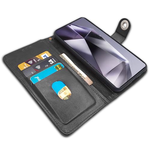 Image of Pikkme Samsung Galaxy S24 Ultra 5G Flip Cover Leather Finish | Inside TPU with Card Pockets | Wallet Stand and Shock Proof | Complete Protection Button Flip Case (Black)