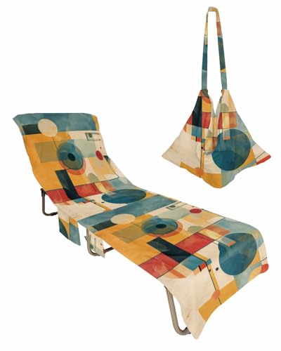 Blue Yellow Geometric Beach Lounge Chair Towel Cover, Soft Chaise Lounge Towel with Side Pockets Patio Pool Chairs Cover for Beach/Pool Sunbathing 29x85 Vintage Oil Painting Abstract Art
