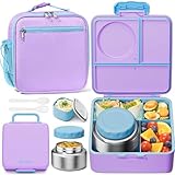 Fimibuke Kids Bento Lunch Box with Thermo, Leakproof Toddler Bento Box with 8.5OZ Insulated Food Jar, Lunch Bag & Utensils BPA Free Dishwasher Safe 3 or 4 Compartment Container for School Girls Boys