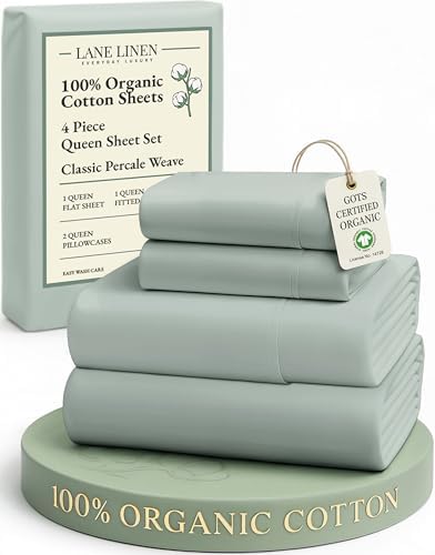 LANE LINEN 100% Organic Cotton Queen Sheets, Fully Elasticized Soft & Comfy Classic Percale Weave, Low Pill Fade Resistant Machine Washable Sheet & Pillowcase Sets, 15" Deep Pocket- Cool Blue - Thumbnail 2