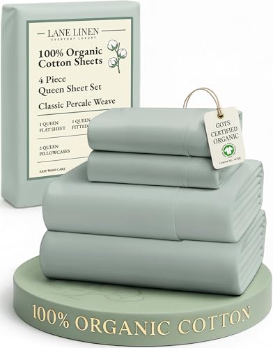 Image of LANE LINEN 100% Organic Cotton Queen Sheets, Fully Elasticized Soft & Comfy Classic Percale Weave, Low Pill Fade Resistant Machine Washable Sheet & Pillowcase Sets, 15 inch Deep Pocket- Cool Blue