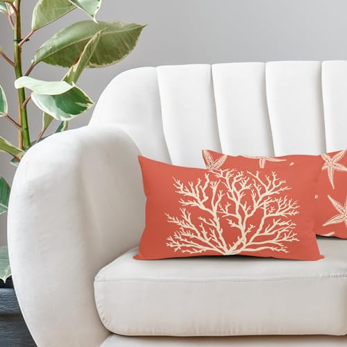 Image of Summer Sea Starfish Pillow Cover 12x20 Inch Set of 2 Beach Pink Coral Lumbar Throw Pillowcase Cotton Linen Square Decorative Nautical Coastal Themed Cushion Cover for Sofa Bedroom Indoor Outdoor Party