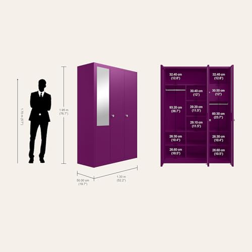 Image of Interio by Godrej Axl 3-Door Steel Almirah with Mirror (Textured Mulberry), 1-Year Warranty, 1 Locker, 10 Shelves