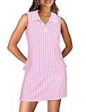 Koscacy 2 Piece Skirt Sets For Women, Tennis Sets For Women Outfit Summer Sleeveless Polo Shirt Skort Set Pink Houndstooth L