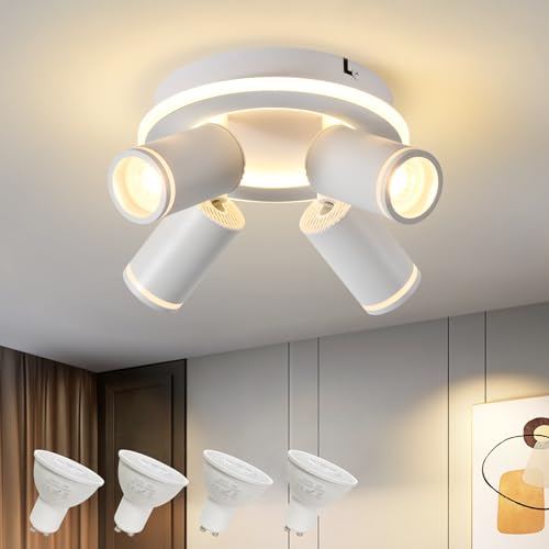 Deckenleuchte 4 Flammig LED,Schwenkbar 350° Rund Deckenstrahler,Deckenlampe mit unteres Glühen 22W+4x5W GU10 Spots,Modern Deckenspot Strahler 3000K Warmweiß,Spotlight Lampe für Wohnzimmer,Küche,Weiß Deckenleuchte 4 Flammig LED,Schwenkbar 350° Rund Deckenstrahler,Deckenlampe mit unteres Glühen 22W+4x5W GU10 Spots,Modern Deckenspot Strahler 3000K Warmweiß,Spotlight Lampe für Wohnzimmer,Küche,Weiß