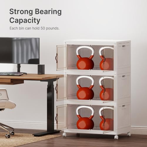 Image of Stackable Storage Bins with Lids, 330QT Lockable Storage Cabinet | Closet Organizers, Foldable Storage Box with Doors and Wheels, Plastic Drawers for Home, Garage, Office (3, White, Plus)