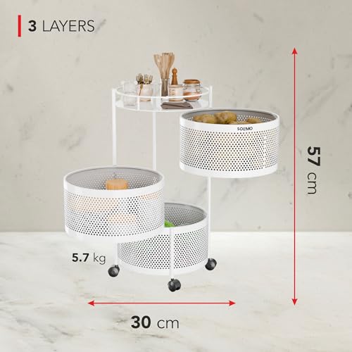 Image of Amazon Brand - Solimo 360 Revolving Preassembled Portable 3 Layer Round Multipurpose Storage Kitchen Rack Carbon Steel Fruit Vegetable & Spice Trolley with Wheels for Kitchen Organizer(Matte, White)