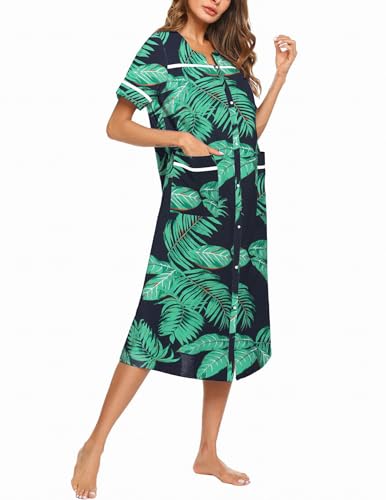 Image of Ekouaer Womens Snap Front Dusters Cotton Housecoat Short Sleeve Nightgown House Dress With Pockets
