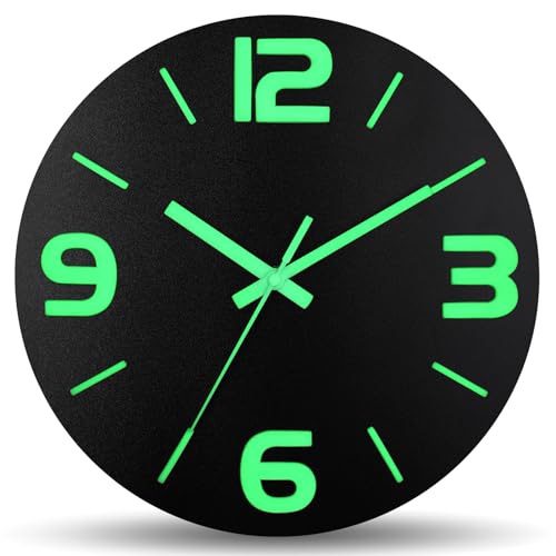 Image of HZDHCLH Wood Wall Clock Glow in The Dark,Luminous Wall Clocks with 3D Numbers,Decorative Wall Clock Battery Operated for Bedroom Kitchen Living Room Office (Black)