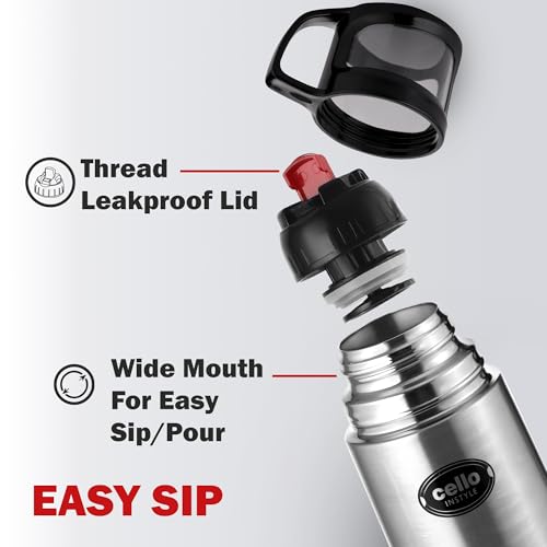 Image of CELLO Instyle Insulated Stainless Steel Flask Water Bottle with Jacket For Daily Use 750 ml Silver | ISI Certified Double Wall Vacuum Insulated 24 Hrs Hot & Cold Thermos Water Bottle For Office Travel