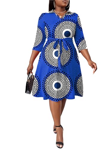 Image of FANDEE Plus Size Midi Dress for Women - Printing Summer Dresses for Wedding Guest Cocktail Party 3 /4 Sleeve V Neck(L-5XL)