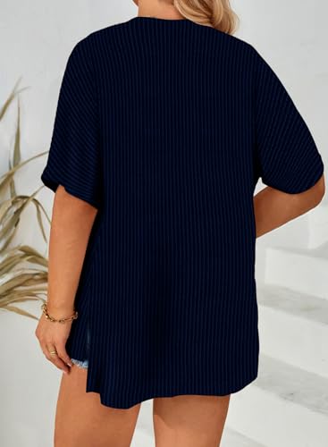 Image of Eytino Women Plus Size Lightweight Cardigan Half Sleeve Ribbed Knit Kimono Cardigans Tops(1X-5X)