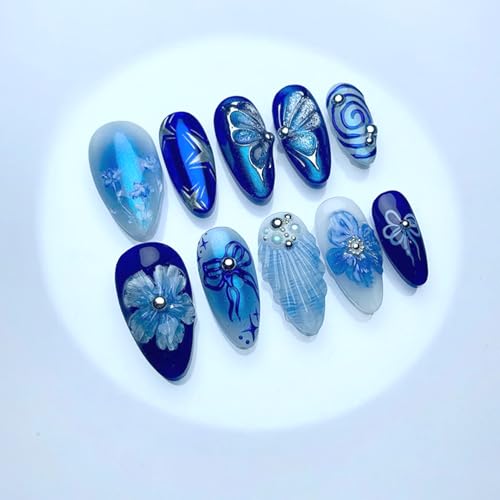 24Pcs Blue Flowers Press on Nails Medium Almond Fake Nails Blue D...