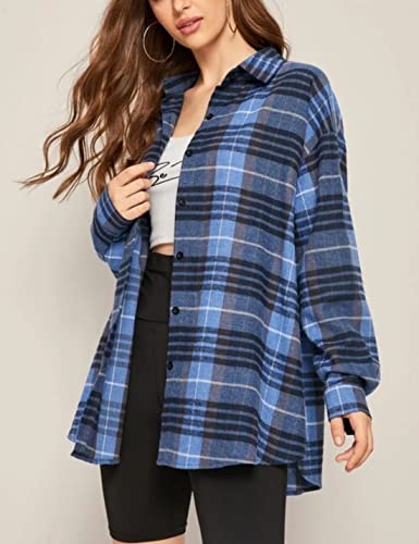 Image of HangNiFang Womens Flannel Plaid Shirts Oversized Button Shirts Blouse Tops