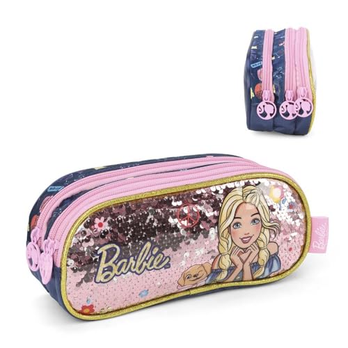 Estojo de Tecido, Barbie, 3 ziperes, Azul, Luxcel