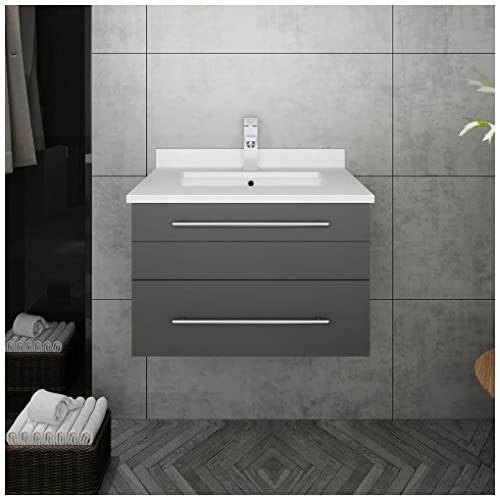 Fresca Lucera 24\" Gray Modern Wall Hung Bathroom Vanity with Quartz Countertop & White Ceramic Undermount Sink - Includes Solid Wood Base and Soft Closing Drawer - Faucet Not Included