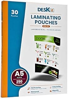 DeskitA5 Laminating Pouches,Gloss, 30 Sheets, 250 Microns - Extra-Strong - Handy Size and Easy Wipe for Menus and Instructions