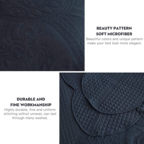 Image of Oversized King Bedspread 128x120 Extra Wide, Stitched Paisley Quilt Set King /Cal King, Lightweight Reversible Coverlet, Scalloped Edge - Classic Navy Elegance, 5 Piece, Navy