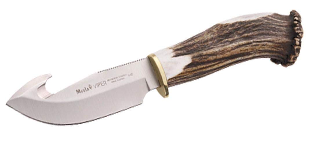 Muela Cuchillo VIPER-11S hoja de acero ACX-380 de 11 cm y empuñadura de asta de ciervo para Caza, Pesca, Supervivencia y Bushcraft Realizado en Ciudad Real + Portabotellas de regalo