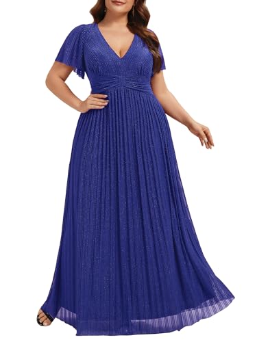 Image of Ever-Pretty Women's Plus Size Glitter Formal Dresses for Curvy Women A Line V Neck Gala Mother of Bride Dress Evening Gown