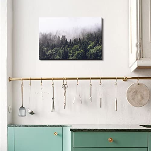 Image of Green Nature Foggy Forest Wall Art Misty Mountain Landscape Canvas Prints Picture Art Bedroom Decor 16x24 inch, Modern Pine Trees Scenery Painting Framed Artwork for Living Room Office Home Decoration