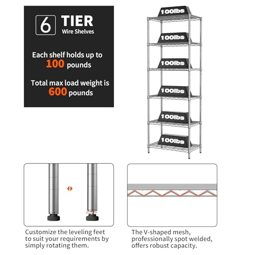 SINGAYE 6-Shelf Wire Shelving Unit, Adjustable Metal Shelves, Standing Shelf, 21.25\" W X 11.41D X 69 \"H (Silver) - Thumbnail 3