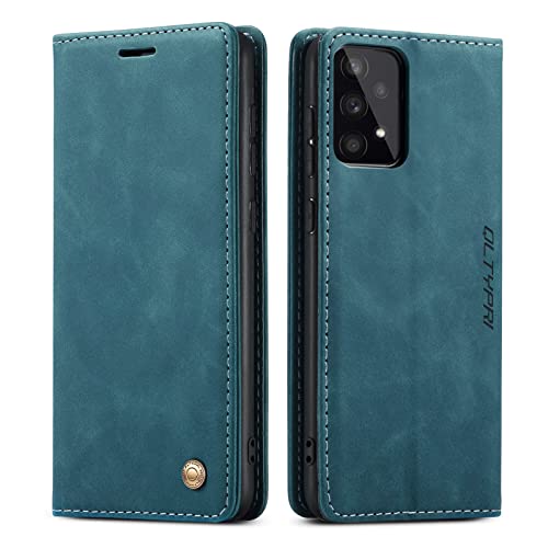 Image of QLTYPRI Case for Samsung Galaxy A32 5G, Vintage PU Leather Wallet Case Card Slot Kickstand Magnetic Closure Shockproof Flip Folio Case Cover for Galaxy A32 5G - Blue