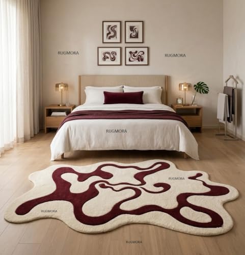 Image of Hand Tufted Wool Rug 5x7 Ft - Modern Irregular Shape Aesthetic Carpet, 1 Inch Thick Pile, Anti-Skid Backing, Soft Handmade Woolen Area Rug for Living Room, Bedroom, Hall Decor